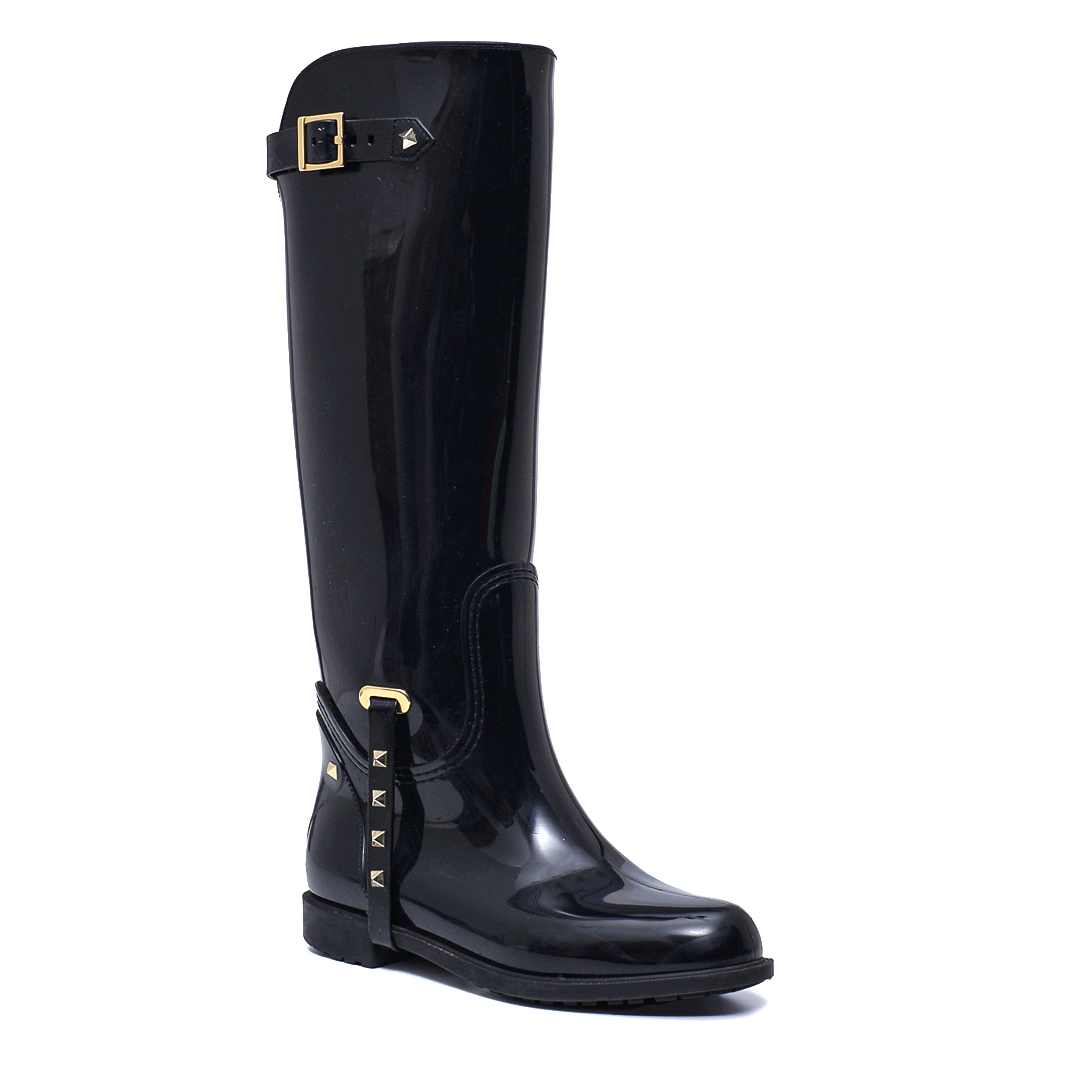 Valentino- Black Patent Rubber RockStud Rain Boots 39